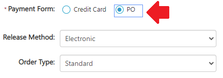 Screenshot showing where to select "PO" as payment form in RDD